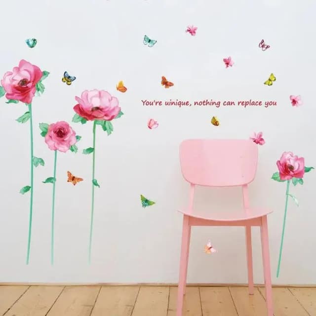 Colorful Butterflies Wall Stickers with Red Rose and Blooming Flowers for Bedroom and Home Decor