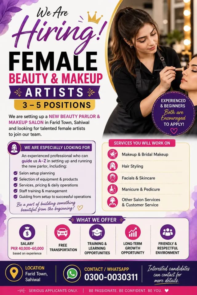 Hiring Female Beauty & Makeup Artists — Sahiwal.