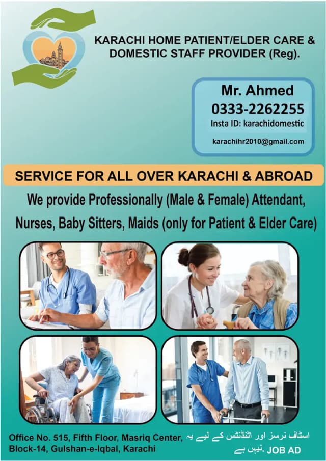 Karachi Home/Hospital Patients/Elders Care Staff Providers.