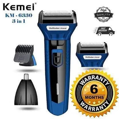 Kemei KM-6330 3 in 1 Professional Grooming Kit For Men - Rechargeable Shaving Machine, Hair Clipper, Beard & Nose Trimmer, Electric Cordless Shaver, Baal Katne Wali Machine, Khat Trimer Mashi