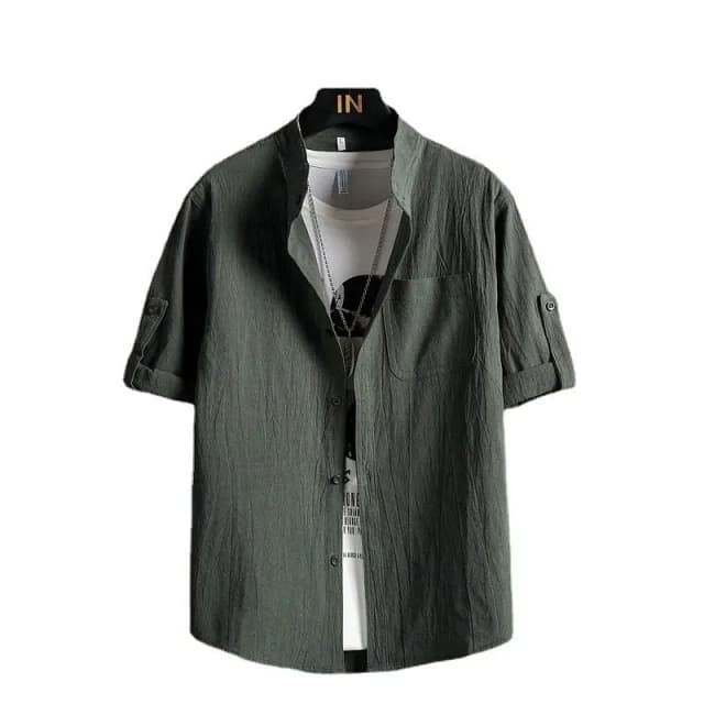 Men Plus Size Solid Green Short Sleeve Shirt Summer Cotton