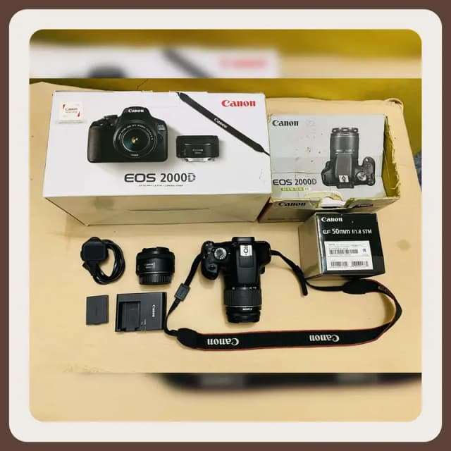 Canon Eos 2000d with 18-55mm and 50mm 1.8stm lens combo kit full box.