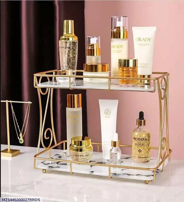 Golden double layer makeup rack.