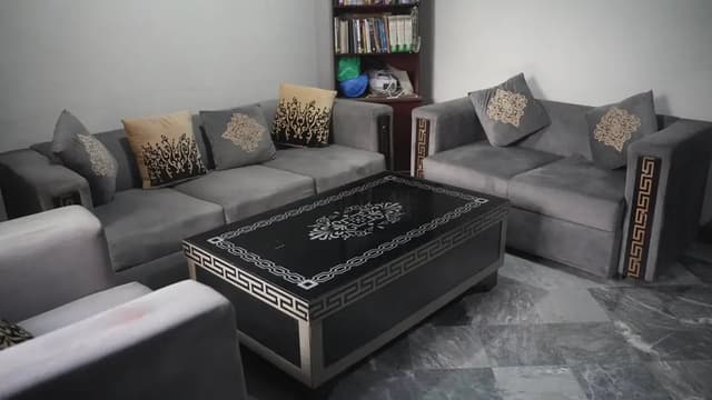 6 Seater Sofa Set with Center Table - Grey Velvet 3+2+1 + Glass Top Ta