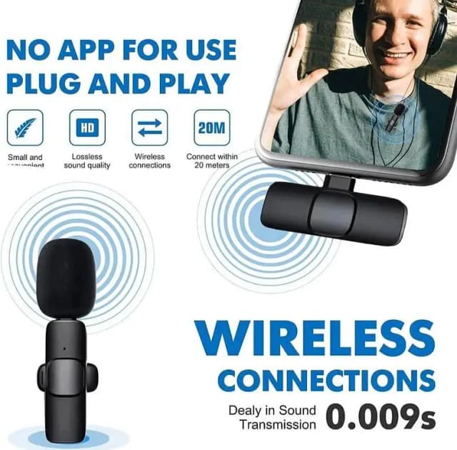 K8 Professional 3-in-1 Wireless Lavalier Microphone for iPhone (iOS Lightning), Android (Type-C & Micro USB) - Universal Plug & Play Mini Collar Mic for Vlogging, Live Streaming, YouTube, Vid
