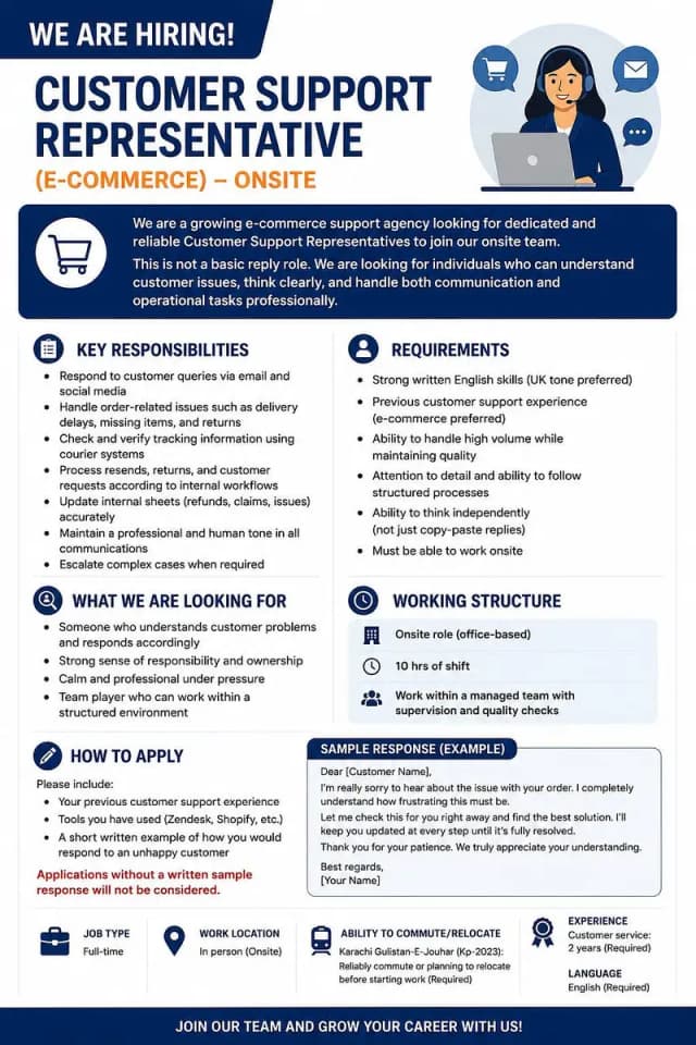 Customer Support Representative (E-commerce) – Onsite