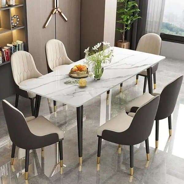 6 Seater Dining Table/UV Top Table/Metal Steel Chair/Luxury Dining Set