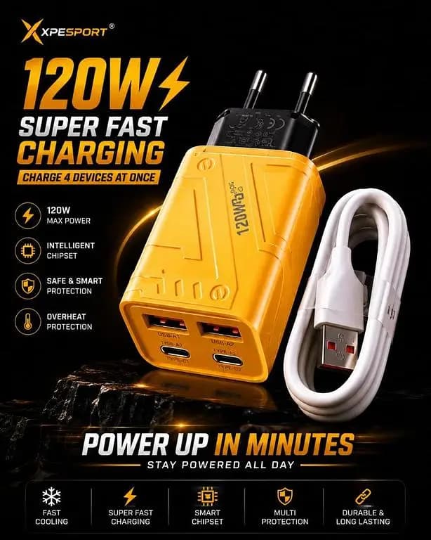 XPESPORT 120W WITH Micro USB Cable Super Fast Charger [4-in-1 Multi-Port] GaN Power Adapter with Type-C Cable | Smart Overheat Protection, Quick Charge 3.0 & PD Fast Charging for Smartphones,