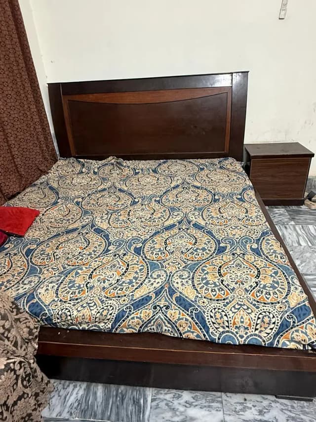 wooden double bed with 2 side tabels and mattress for sale