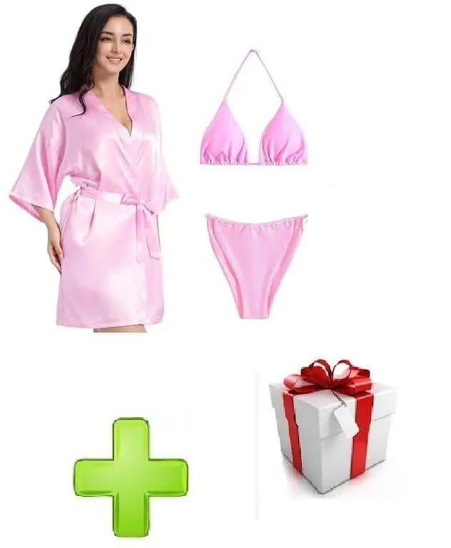 Women 3 Piece Sexy Nighty Sleepwear Silk Satin night dress Lingerie Set With Robe and Short Gown Bridal for Ladies and Girls for Night Wear Bra-Pink with Gift