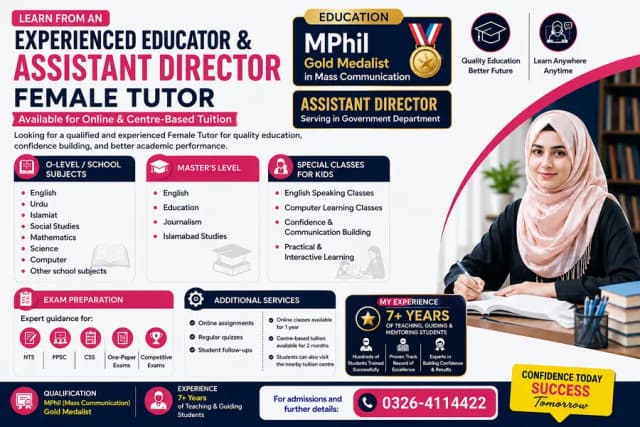 Female Online Tutor |Class 1-8 |O-Level |English Speaking |Paper MCQ's