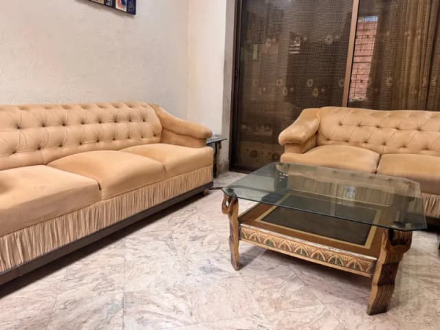 5 Seater Premium Sofa Set | Golden Beige Tufted Wooden Sofa | Lahore