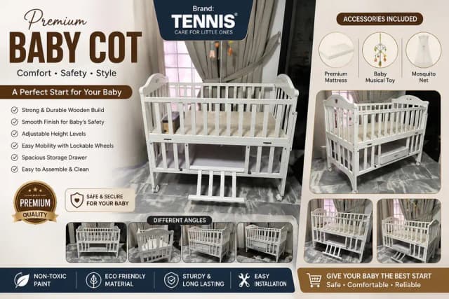 cot | Baby cot | Baby Crib | TENNIES Premium Baby Cot with bedding Set