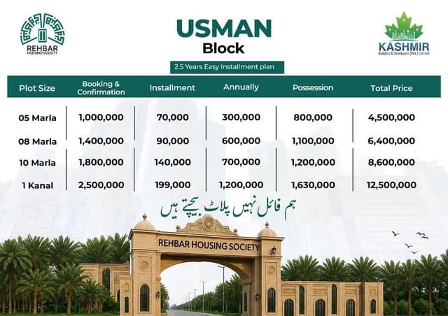 Rehbar Housing society Usman block 10 Marla Plot 2.5 years installments plan