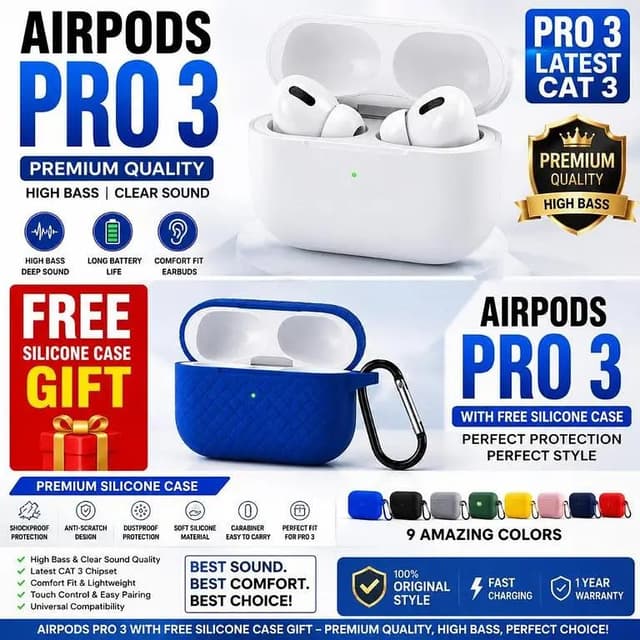 AirPods Pro 3 Wireless Earbuds WITH Free Premium Silicone Protective Case Gift Premium Quality High Bass & Clear Sound | Latest CAT 3 Chipset | Touch Control | Long Battery | Bluetooth TWS Ea