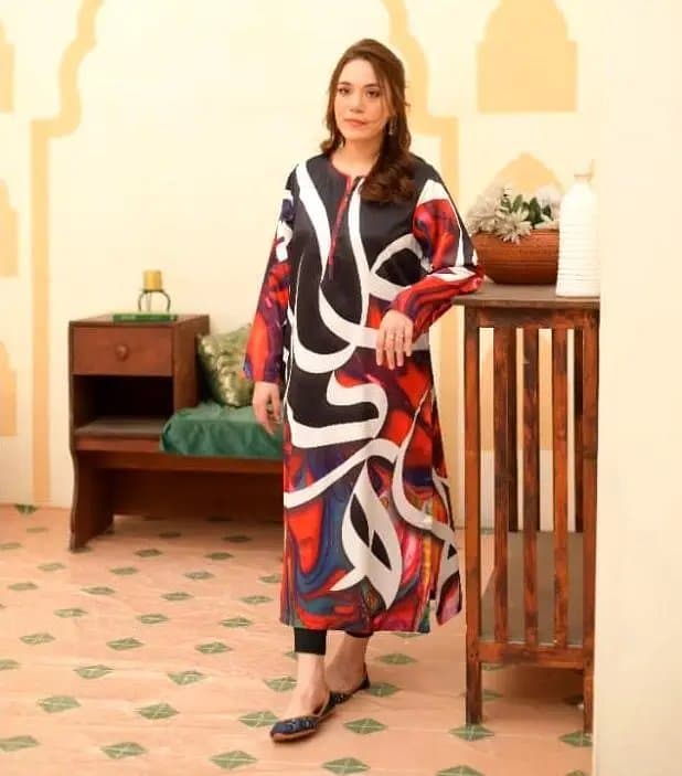 Shah Kamal Fabrics Unstitched Silk Shirt with Multicolor Urdu Calligraphy for Women - Model CS1