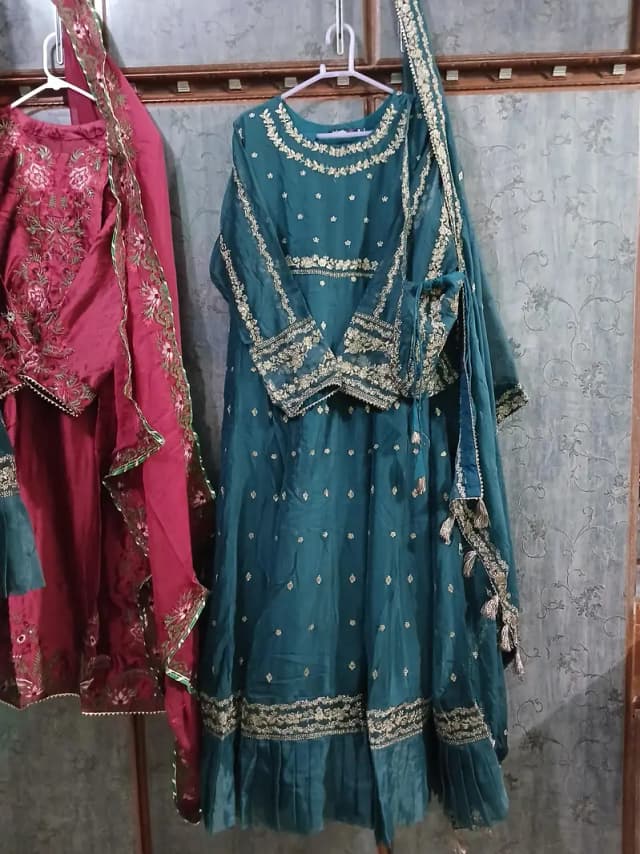 Green colour long emboridary frock with 4 sided emboridary duppta .