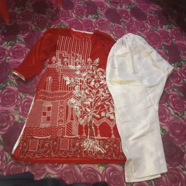 Red velvet Embroidered 3 pic dress - only 3 time used