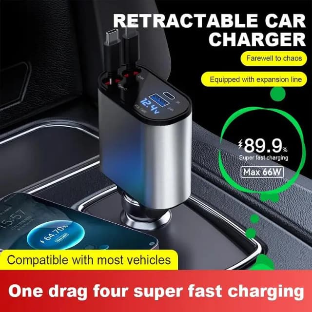 100W Super Fast 4-in-1 Car Phone Charger with Dual Expansion Cable for iOS and Type-C, Featuring Voltage Display