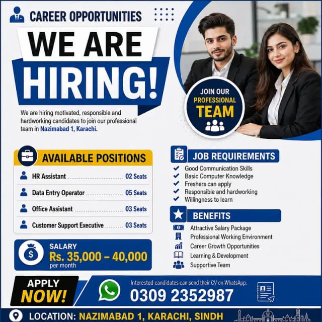Hiring Now Karachi Nazimabad | HR Assistant, Social Media Marketing