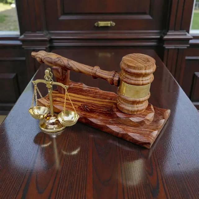 Brass Grip Sheesham Wooden Gavel with Brass Justice Scale - Premium Judge & Lawyer Desk Set