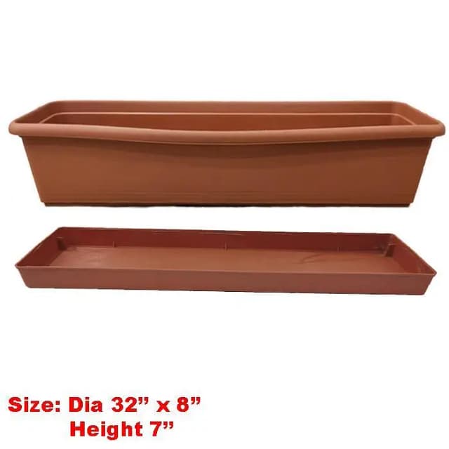 Extra Large Kiari Plastic Planter with Tray for Plant and Flower Growth - 32 x 8 Inch - Brown