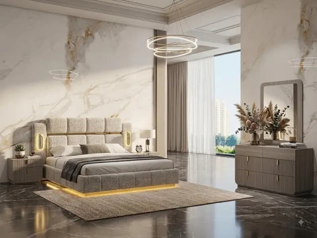 Luxury Bouclé Bedroom Set with LED Profile Lighting | Factory Price