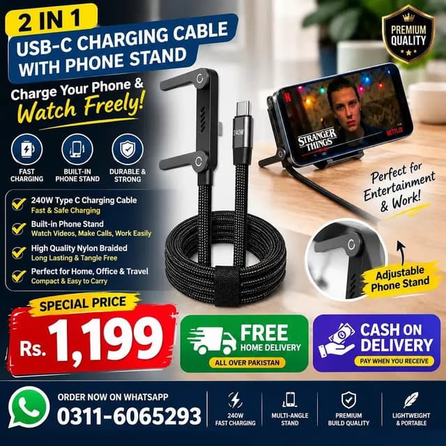 2-in-1 240W Type-C Fast Charging Cable + Built-in Phone Stand