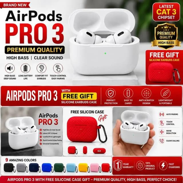 AirPods Pro 3 Wireless Earbuds WITH Free Premium Silicone Protective Case Gift Premium Quality High Bass & Clear Sound | Latest CAT 3 Chipset | Touch Control | Long Battery | Bluetooth TWS Ea