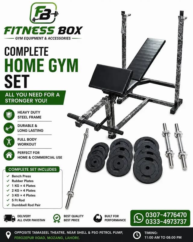 Bench Press set | Rubber plates | Dumbbells Rods |Complete Home Gym