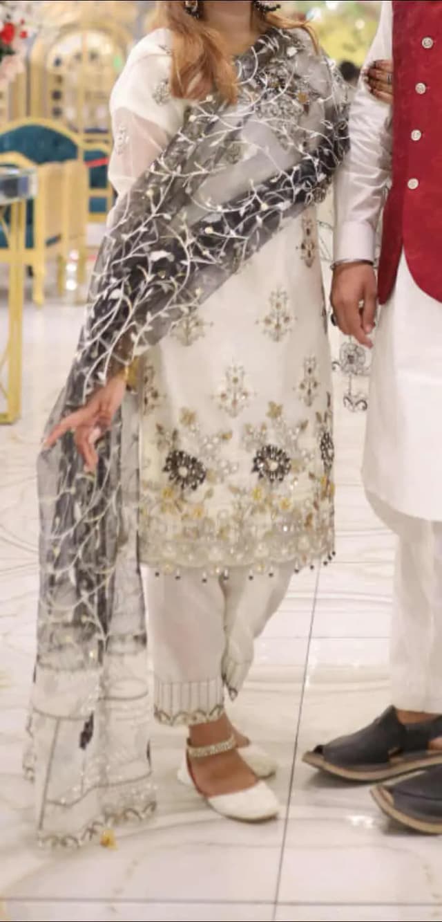 white with embroidery organza net dress
