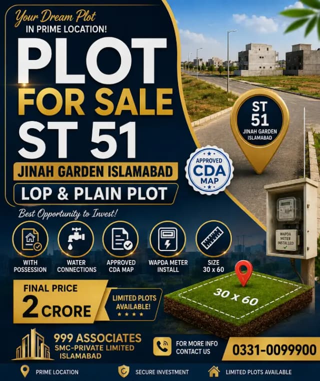 PRIME 3060 PLOT FOR SALE ST-51, JINAH GARDEN ISLAMABAD