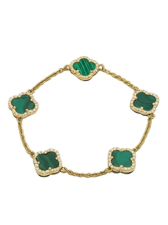 V C-Inspired Alhambra Green Malachite Bracelet – Gold Plated 925 Silver with Zircon Border