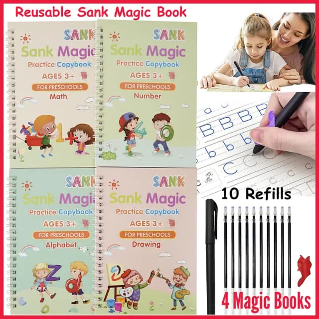 Sank Magic Practice Copybook Set: 4 Educational Books with Magic Pen and 10 Ink Refills for Montessori Kids' Handwriting and Learning Activities