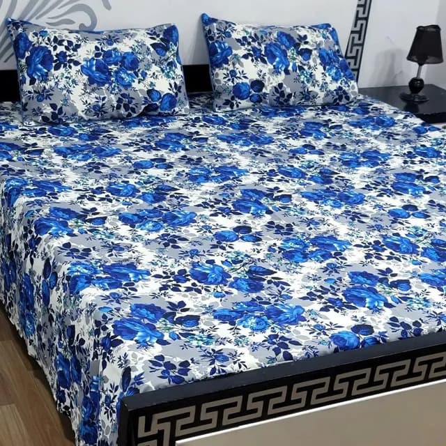 Blue Floral Crystal Cotton Double Bedsheet Set