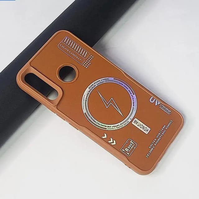 Brown Matte Phone Case for Tecno Spark 4 with Holographic Lightning Bolt Design