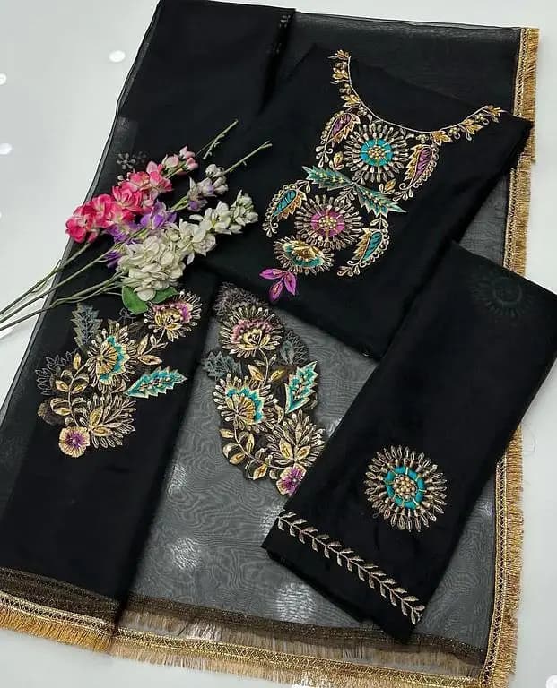 Ladies Unstitched Suit Set with Organza – 2 Pieces