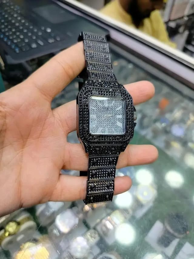 Stainless Steel,Covered in black diamond-like crystals (iced-out luxur