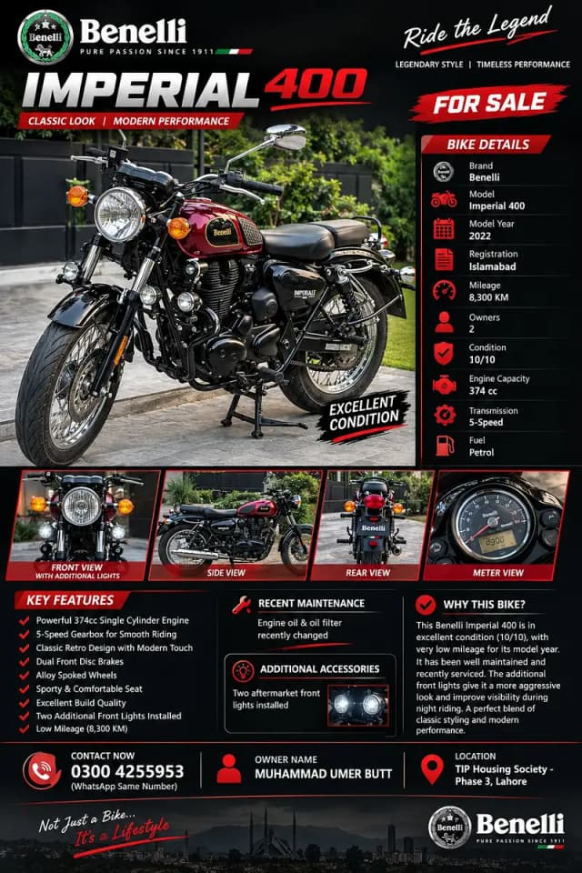 Benelli Imperial 400 2022 | Islamabad Registered | 8,600 KM | New Bike