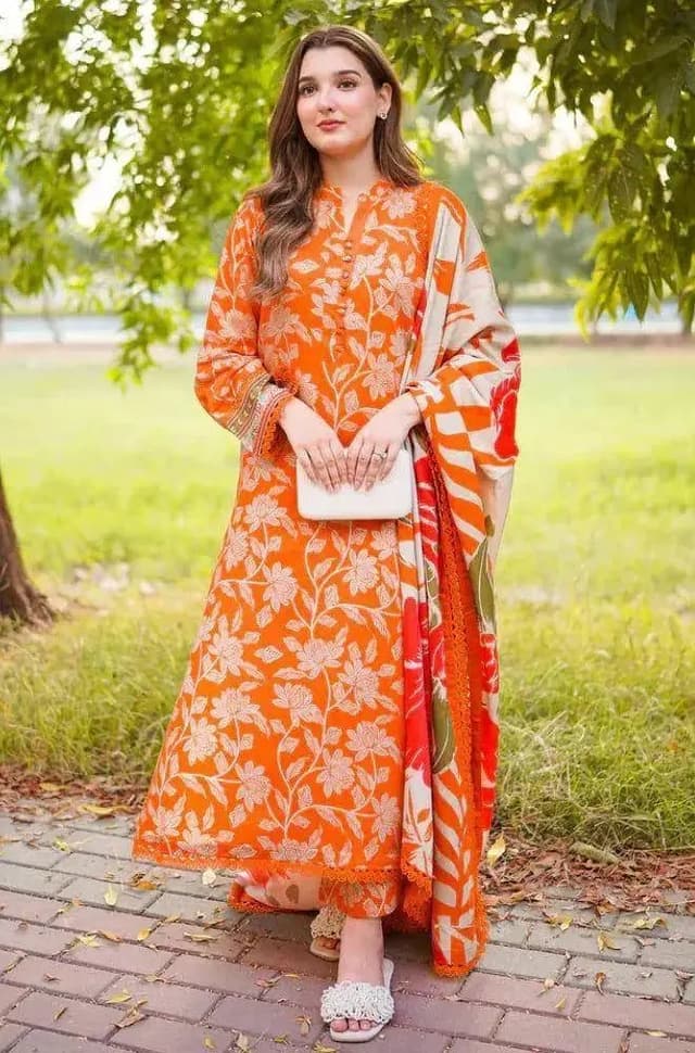 Orange Printed 3-Piece Lawn Suit