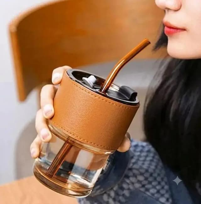 Premium 300ml Juice Glass with Airtight Lid | Leak Proof Glass Cup | Reusable Drink Tumbler