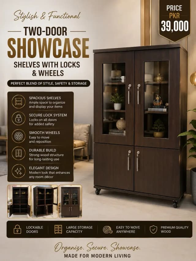 Two-Door Showcase Shelves with Locks & Wheels