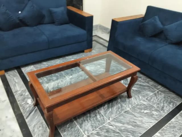 sofa set Blue Velvet with 6 question and new wooden table