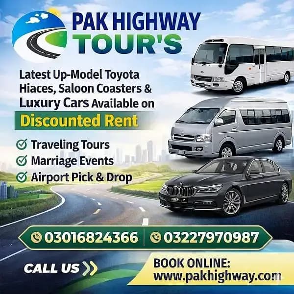 Rent A Car, Hiace ,Coaster, Grand Cabin, Fortuner, Civic, Kia Sportage