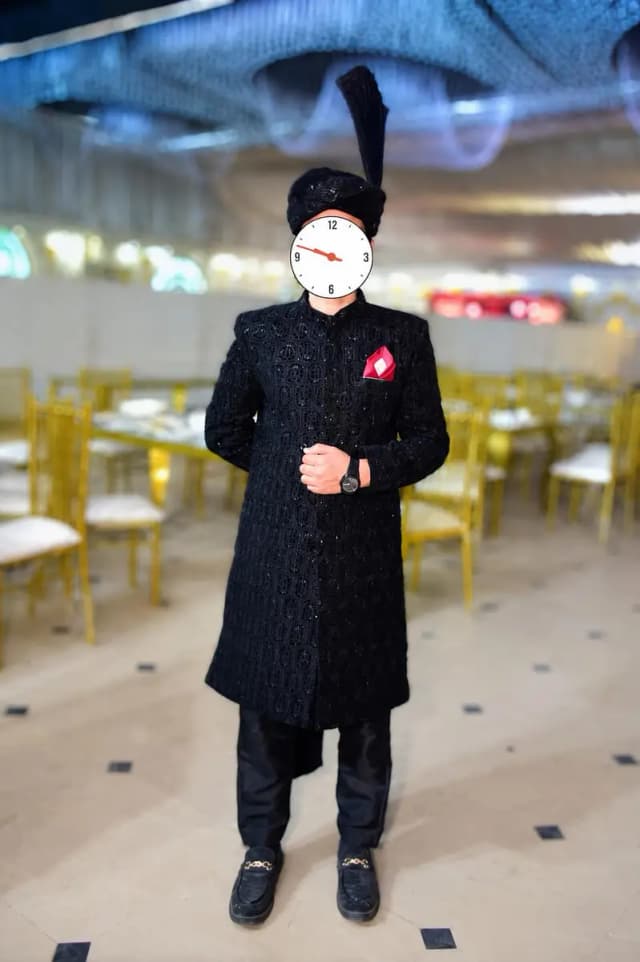 Black Sherwani + Kullah for Sale | Like New | Wedding Groom Dress