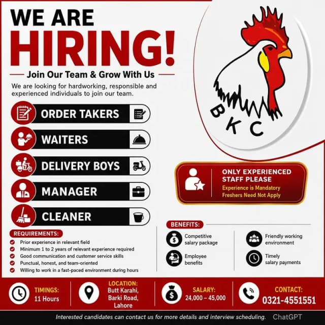 We are hiring Experienced hardworking and responsible staff