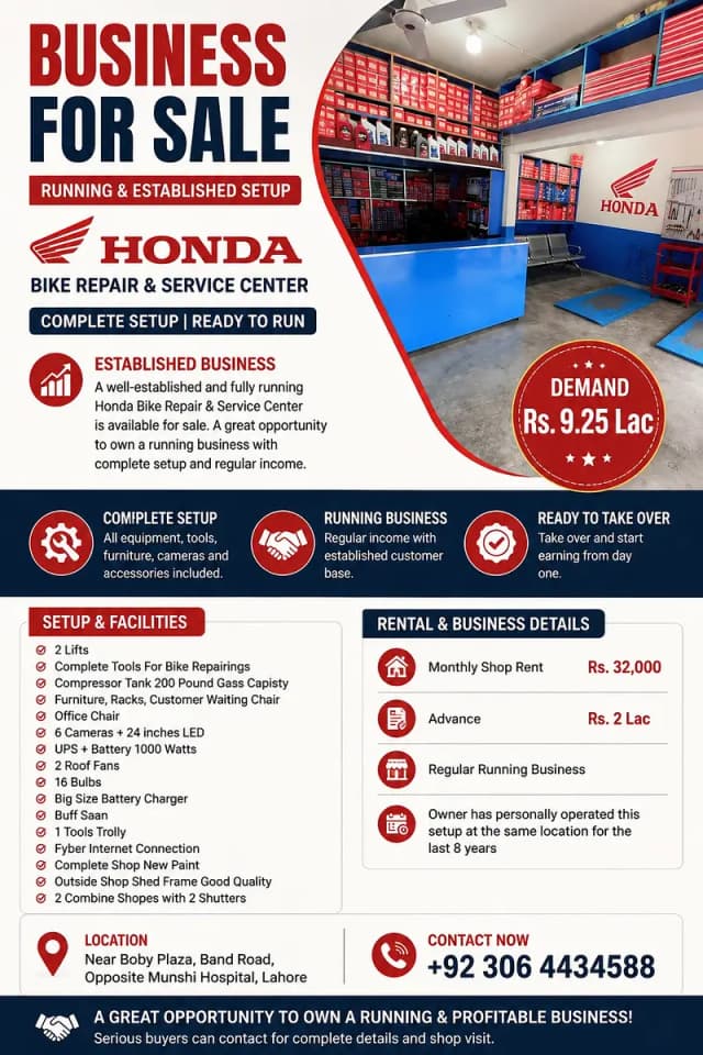 Honda Bike Repair & Spare Parts Business for Sale | Running Setup |