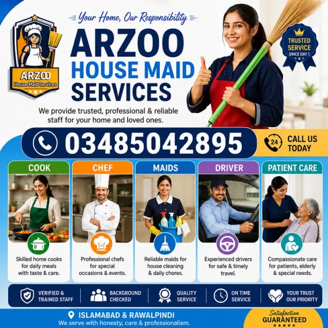 House Maid , Chef Driver , Nurse , Security Guard, Office boy