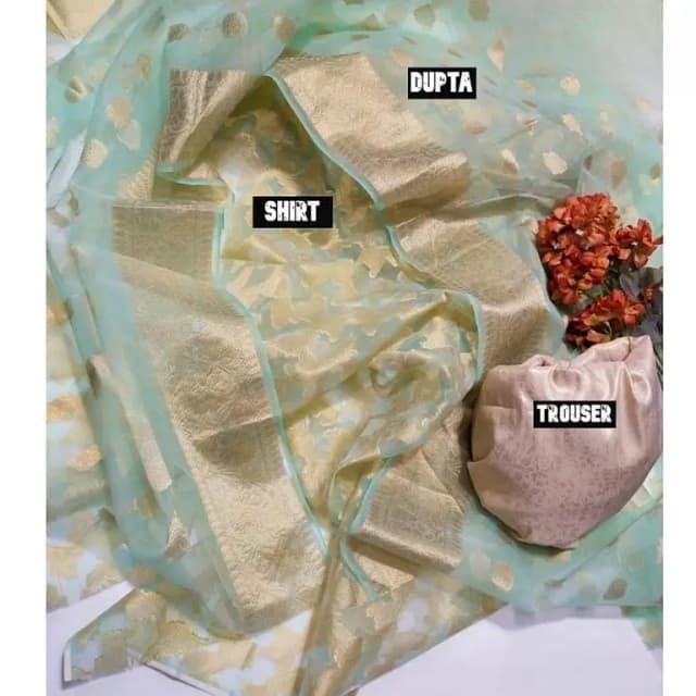 Shah Kamal Fabrics Women's Organza Jacquard 3-Piece Unstitched Suit with Organza Dupatta and Masoori Trouser