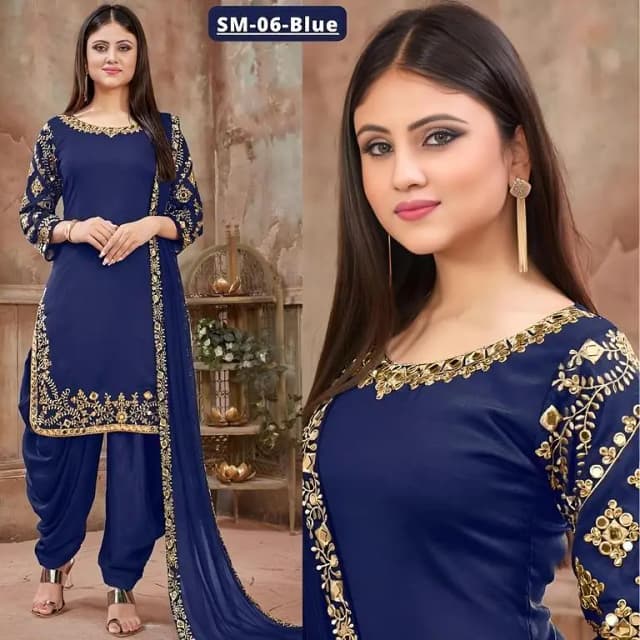 Women's/Girls 3-Piece Patyala Shalwar Kameez - SM-06 in Blue